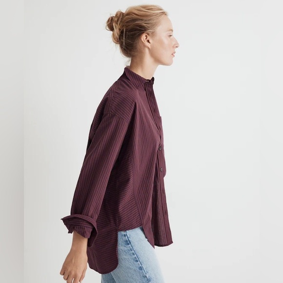 Madewell Poplin Side-Panel Dolman Button-Up Shirt in Stripe in Smoldering Plum - Picture 3 of 11